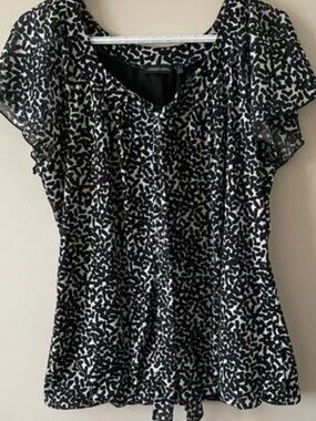 Notations VTG Black /White Print Slvless Blousey Women's rnd neck w ties Sz L